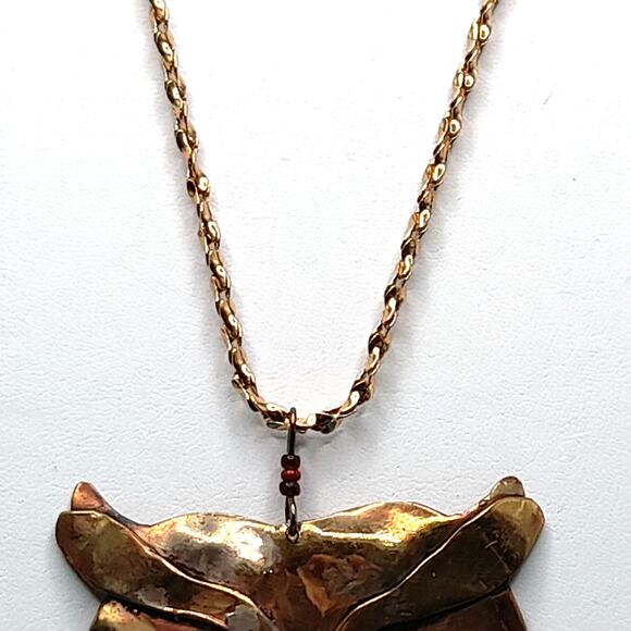 Owl Pendant Gemstone Eyes Necklace, Brass Metal, Gold Tone Chain - Picture 5 of 11